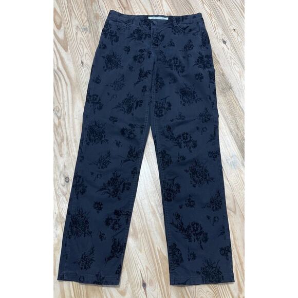 Jones New York Lexington Straight Jean Womens 8 Velvet Floral Leaf Black - Picture 1 of 7